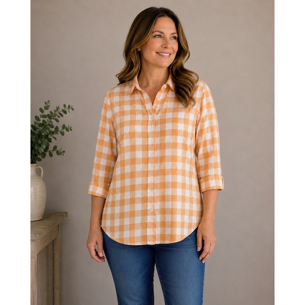 Pendleton Cotton Button Shirt Womens Large Orange‎ White Gingham Plaid Preppy